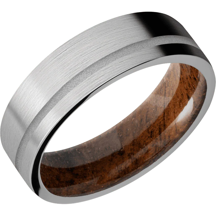 7mm wide Flat Titanium Ring with Satin Finish / One 1mm Off Center Crushed Silver Cerakote Inlay / Koa Sleeve