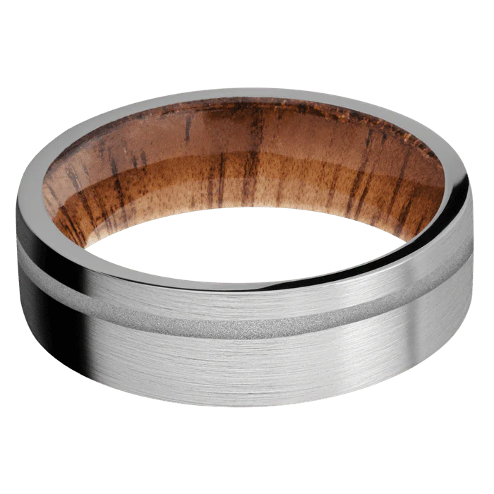 7mm wide Flat Titanium Ring with Satin Finish / One 1mm Off Center Crushed Silver Cerakote Inlay / Koa Sleeve - Image 3