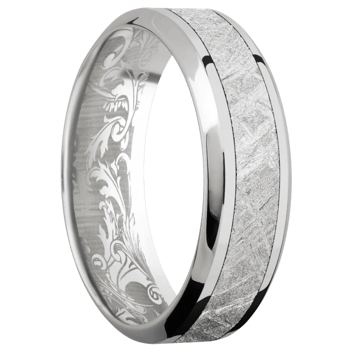 7mm wide High Bevel 18k White Gold Ring with Polish Finish / One 3mm Centered Meteorite Inlay / None Interior Pattern - Image 2