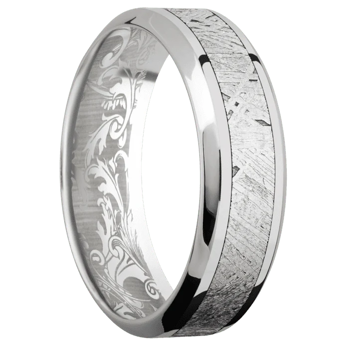 7mm wide High Bevel 18k White Gold Ring with Polish Finish / One 3mm Centered Meteorite Inlay / None Interior Pattern - Image 2