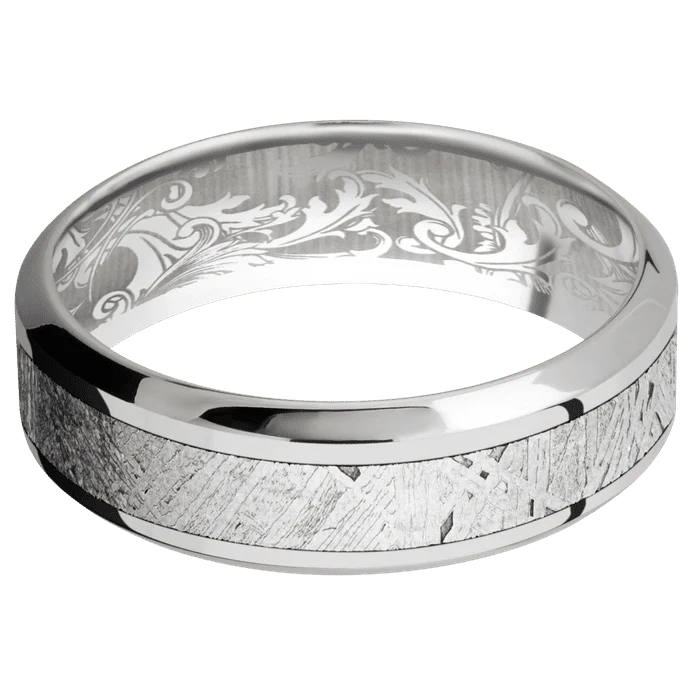 7mm wide High Bevel 18k White Gold Ring with Polish Finish / One 3mm Centered Meteorite Inlay / None Interior Pattern - Image 3