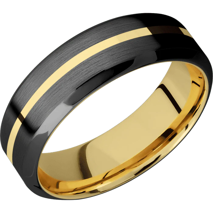 7mm wide High Bevel Black Titanium Ring with Satin Finish / One 1mm Centered 14k Yellow Gold Inlay with Polish Finish / 10k Yellow Gold Sleeve