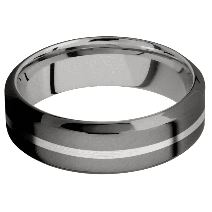 7mm wide High Bevel Darkened Tantalum Ring with Angle Satin Finish / One 1mm Centered Platinum Inlay with Satin Finish / Inconel Sleeve - Image 3