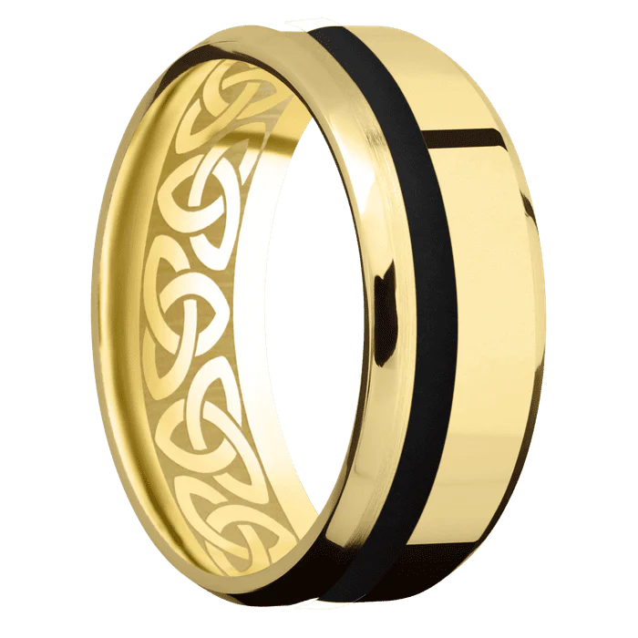 8mm wide Beveled 10k Yellow Gold Ring with Polish Finish / One 2mm Off Center Black Cerakote Inlay / None Interior Pattern - Image 2