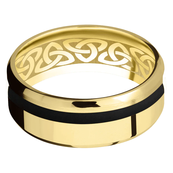 8mm wide Beveled 10k Yellow Gold Ring with Polish Finish / One 2mm Off Center Black Cerakote Inlay / None Interior Pattern - Image 3