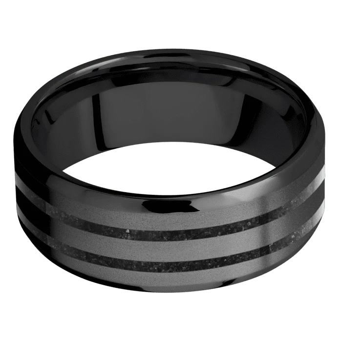8mm wide Beveled Black Titanium Ring with Bead Blast Finish / Two 1mm Centered Black Dinosaur Bone Inlay - Image 3