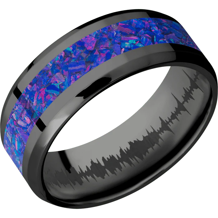 8mm wide Beveled Black Titanium Ring with Polish Finish / One 4mm Centered Purple Opal Inlay / None Interior Pattern