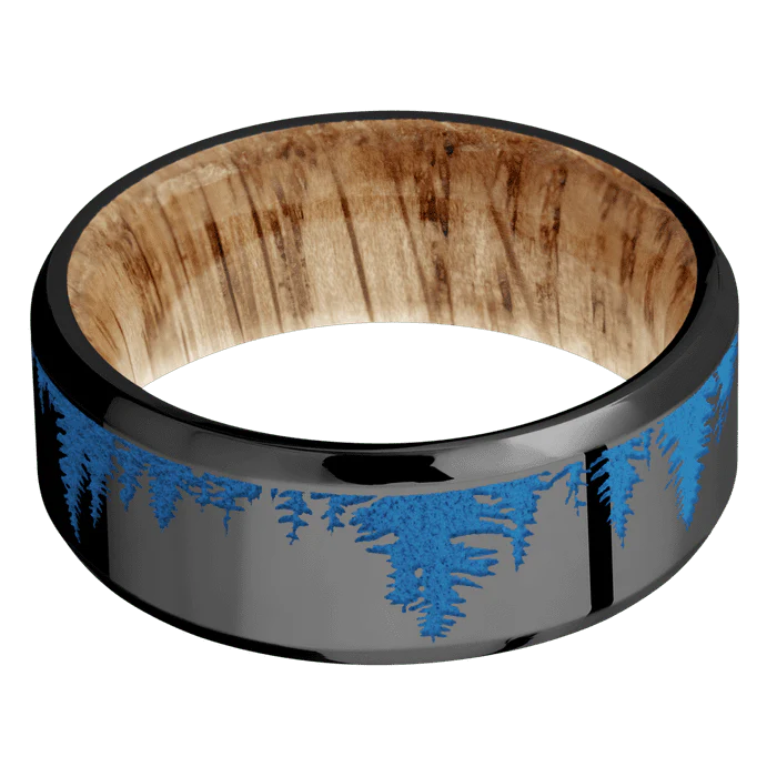 8mm wide Beveled Black Titanium Ring with Polish Finish / Trees Design and Sea Blue Cerakote Accents / Natural Oak Sleeve - Image 3