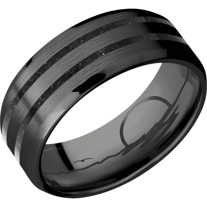 8mm wide Beveled Black Titanium Ring with Satin Finish / Two 1mm Centered Black Dinosaur Bone Inlay / None Interior Pattern