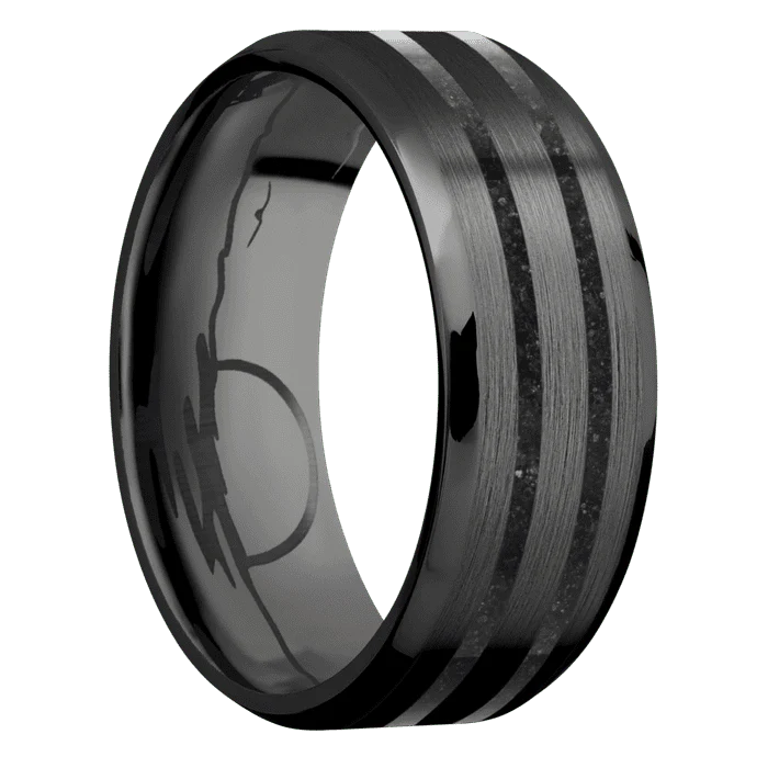 8mm wide Beveled Black Titanium Ring with Satin Finish / Two 1mm Centered Black Dinosaur Bone Inlay / None Interior Pattern - Image 2