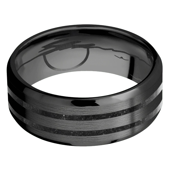 8mm wide Beveled Black Titanium Ring with Satin Finish / Two 1mm Centered Black Dinosaur Bone Inlay / None Interior Pattern - Image 3