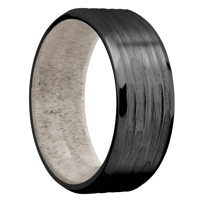 8mm wide Beveled Black Titanium Ring with Treebark H Finish / Antler Sleeve - Image 2