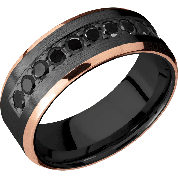 8mm wide Beveled Black Zirconium Ring with Satin Finish / Two 1mm Edge 14k Rose Gold Inlay with Polish Finish / Half Eternity Round .07 carat Black Diamond Bead-Set Gemstones