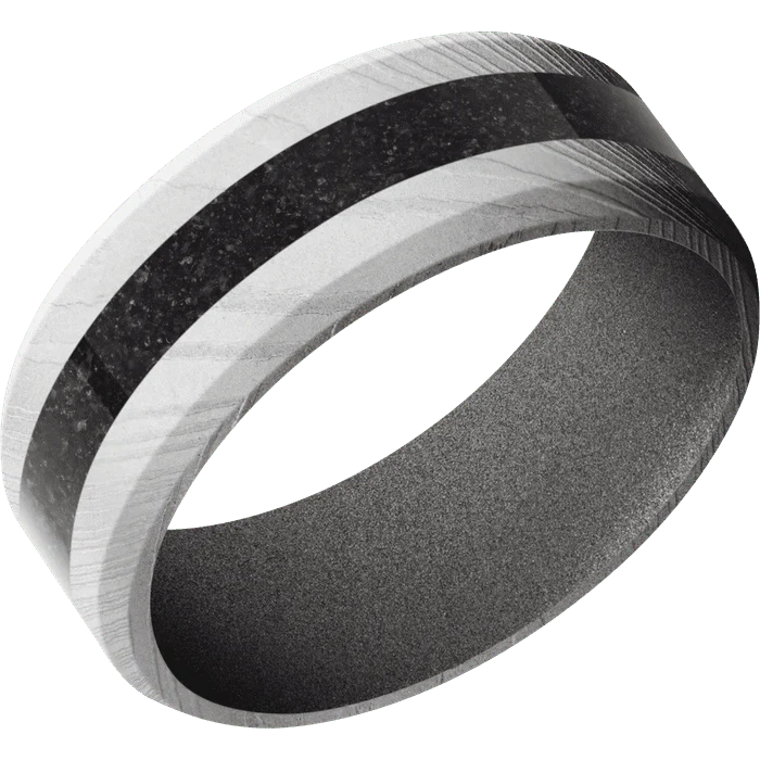 8mm wide Beveled Damascus Steel Ring with Bead Blast Damascus Finish / One 3mm Centered Black Dinosaur Bone Inlay / Gun Metal Grey Cerakote Sleeve