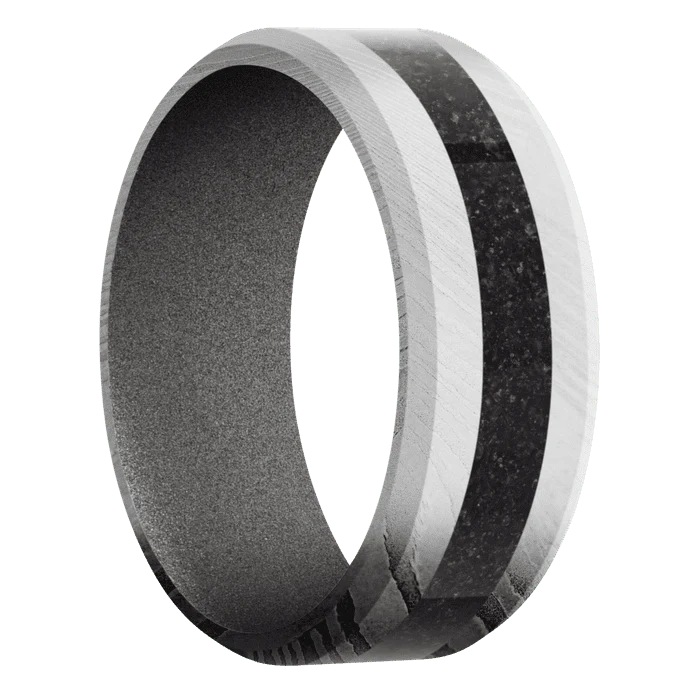 8mm wide Beveled Damascus Steel Ring with Bead Blast Damascus Finish / One 3mm Centered Black Dinosaur Bone Inlay / Gun Metal Grey Cerakote Sleeve - Image 2
