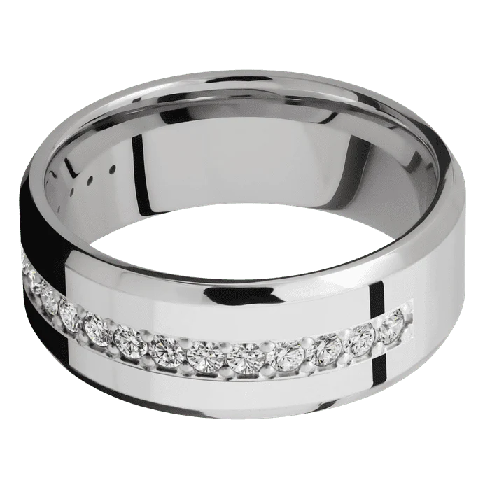 8mm wide Beveled Inconel Ring with Polish Finish / Half Eternity Round .03 carat Lab Grown Diamond Bead-Set Gemstones - Image 3