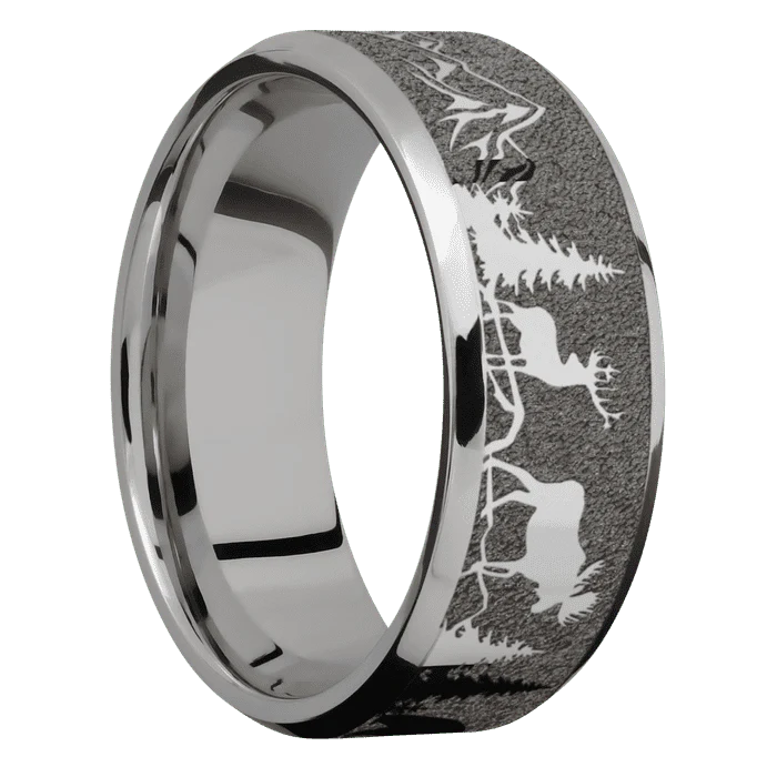 8mm wide Beveled Titanium Ring with Polish Finish / Bear Moose Deer Mountain Design - Image 2