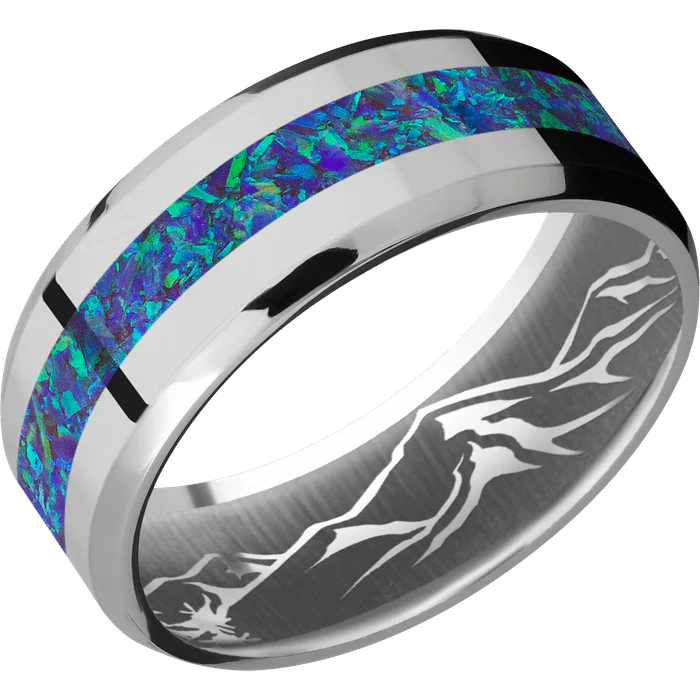 8mm wide Beveled Titanium Ring with Polish Finish / One 3mm Centered Pacific Sapphire Opal Inlay / None Interior Pattern