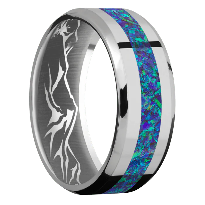 8mm wide Beveled Titanium Ring with Polish Finish / One 3mm Centered Pacific Sapphire Opal Inlay / None Interior Pattern - Image 2