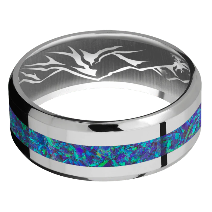8mm wide Beveled Titanium Ring with Polish Finish / One 3mm Centered Pacific Sapphire Opal Inlay / None Interior Pattern - Image 3