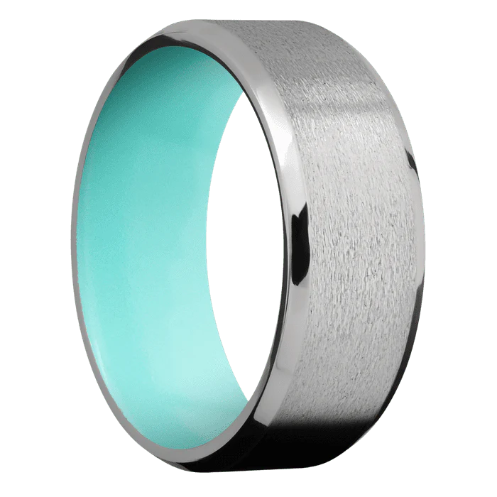 8mm wide Beveled Titanium Ring with Stone Finish / Robins Egg Blue Cerakote Sleeve - Image 2