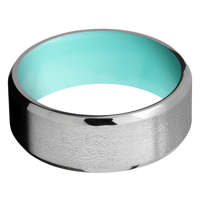 8mm wide Beveled Titanium Ring with Stone Finish / Robins Egg Blue Cerakote Sleeve - Image 3