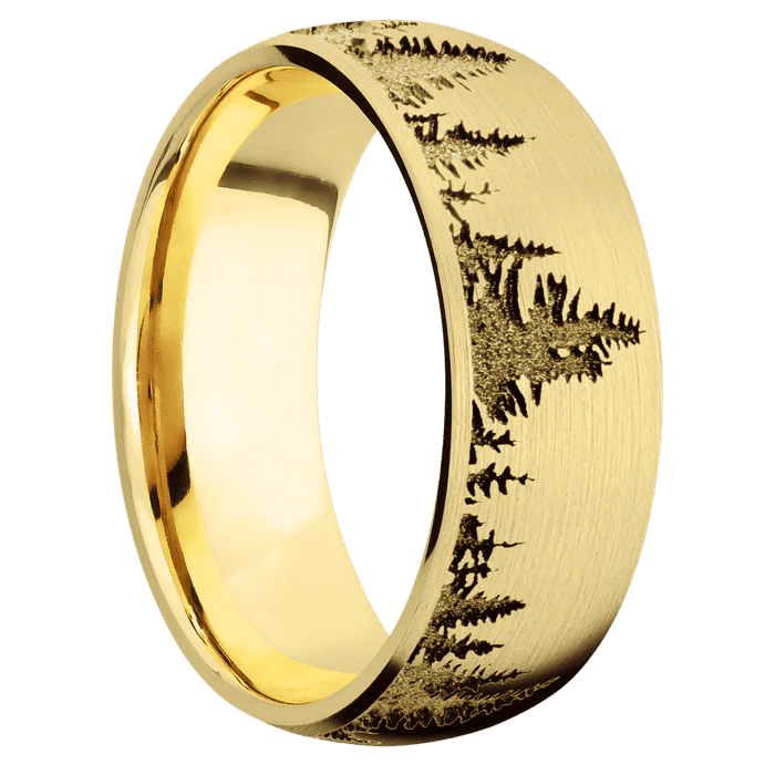 8mm wide Domed 10k Yellow Gold Ring with Satin Finish / Trees Design - Image 2