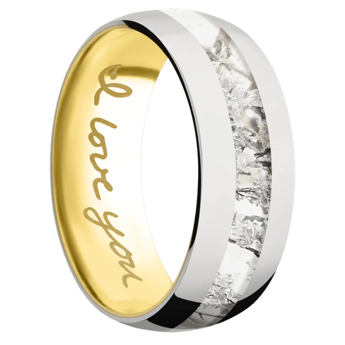 8mm wide Domed 14k White Gold Ring with Polish Finish / One 3mm Centered Kings Snow Camo Inlay / 14k Yellow Gold Sleeve / None Interior Pattern - Image 2