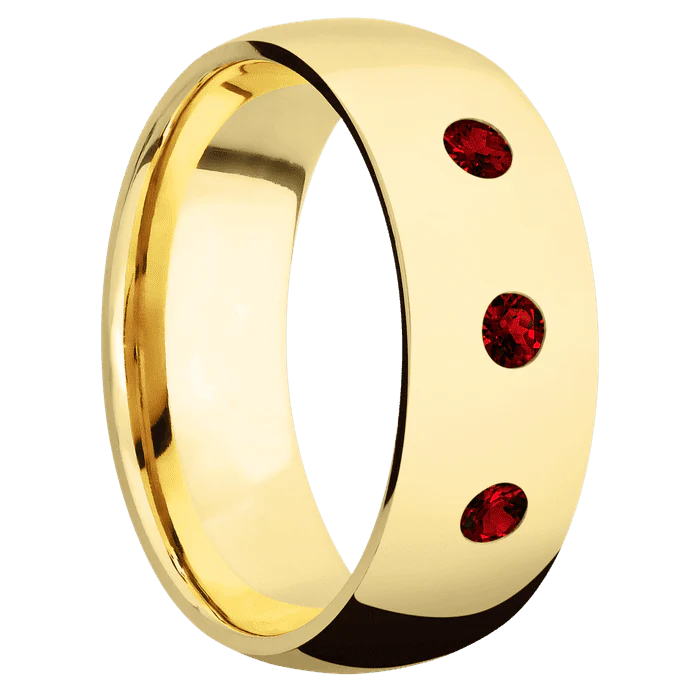 8mm wide Domed 18k Yellow Gold Ring with Polish Finish / 3 Round .1 carat Dark Ruby Flush-Set Gemstones - Image 2