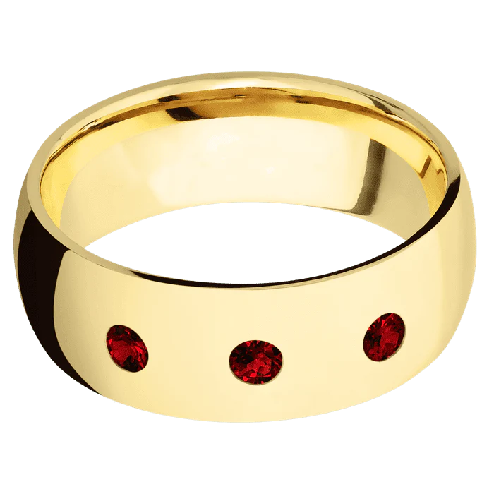 8mm wide Domed 18k Yellow Gold Ring with Polish Finish / 3 Round .1 carat Dark Ruby Flush-Set Gemstones - Image 3