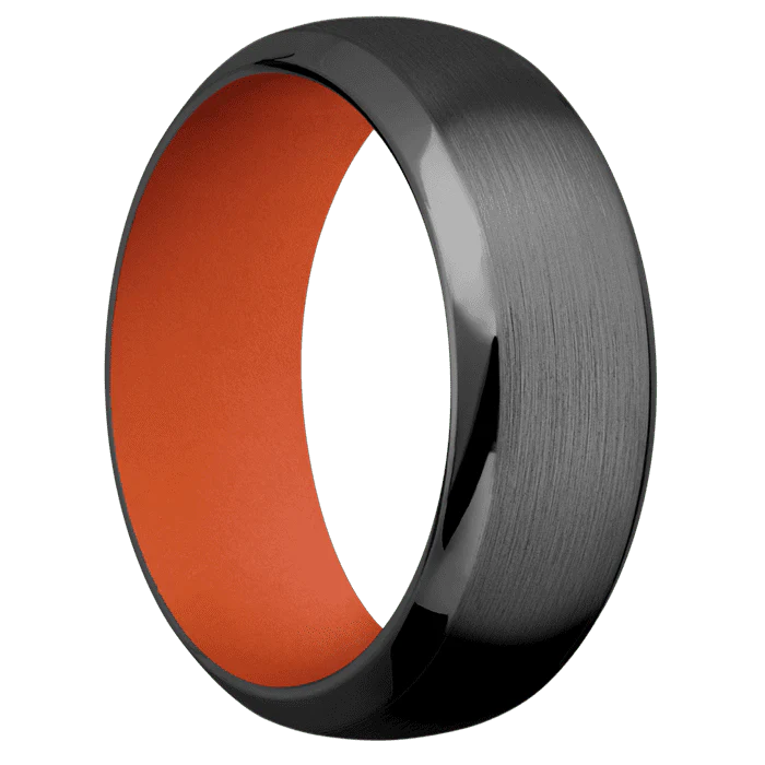 8mm wide Domed Bevel Black Zirconium Ring with Satin Finish / Hunter Orange Cerakote Sleeve - Image 2
