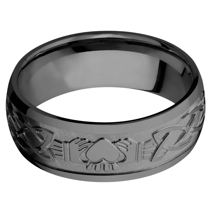 8mm wide Domed Black Titanium Ring with Polish Finish / Claddagh Celtic Design - Image 3