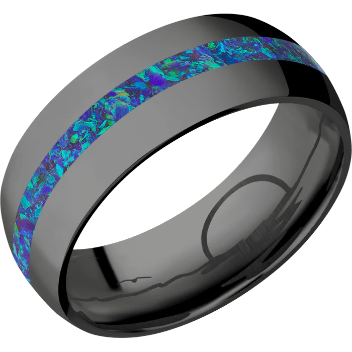 8mm wide Domed Black Titanium Ring with Polish Finish / One 2mm Centered Pacific Sapphire Opal Inlay / None Interior Pattern