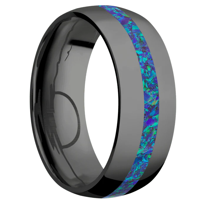 8mm wide Domed Black Titanium Ring with Polish Finish / One 2mm Centered Pacific Sapphire Opal Inlay / None Interior Pattern - Image 2