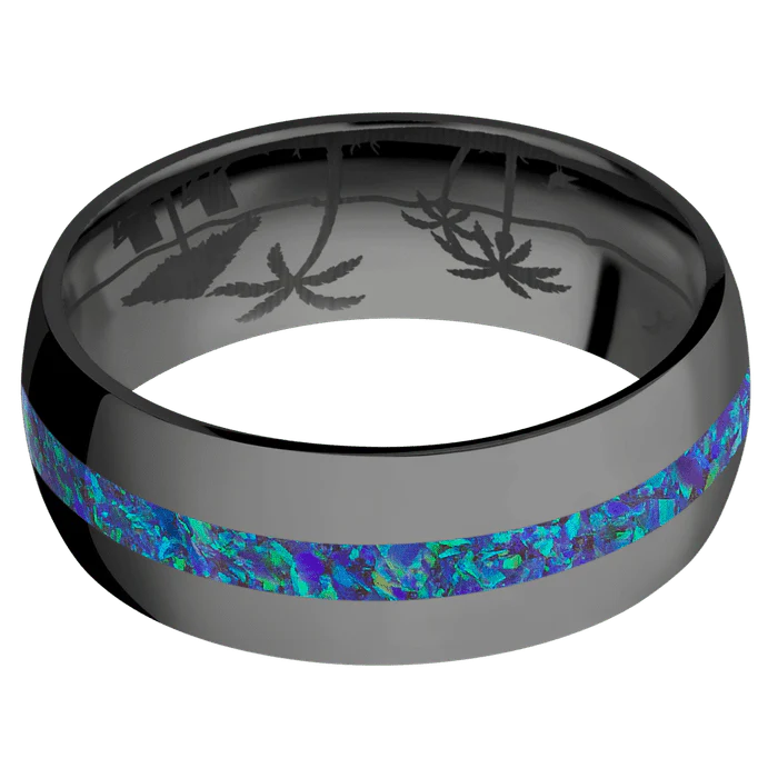 8mm wide Domed Black Titanium Ring with Polish Finish / One 2mm Centered Pacific Sapphire Opal Inlay / None Interior Pattern - Image 3