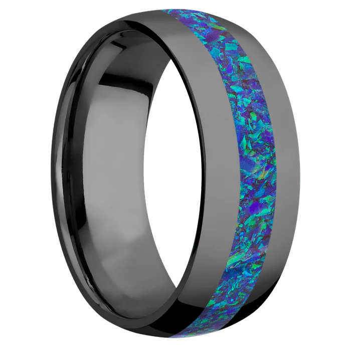 8mm wide Domed Black Titanium Ring with Polish Finish / One 3mm Centered Pacific Sapphire Opal Inlay - Image 2