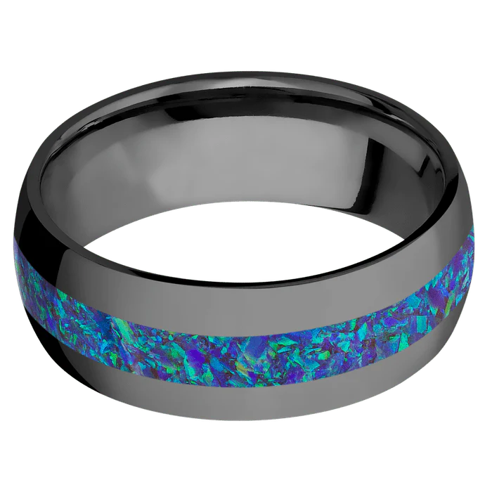 8mm wide Domed Black Titanium Ring with Polish Finish / One 3mm Centered Pacific Sapphire Opal Inlay - Image 3