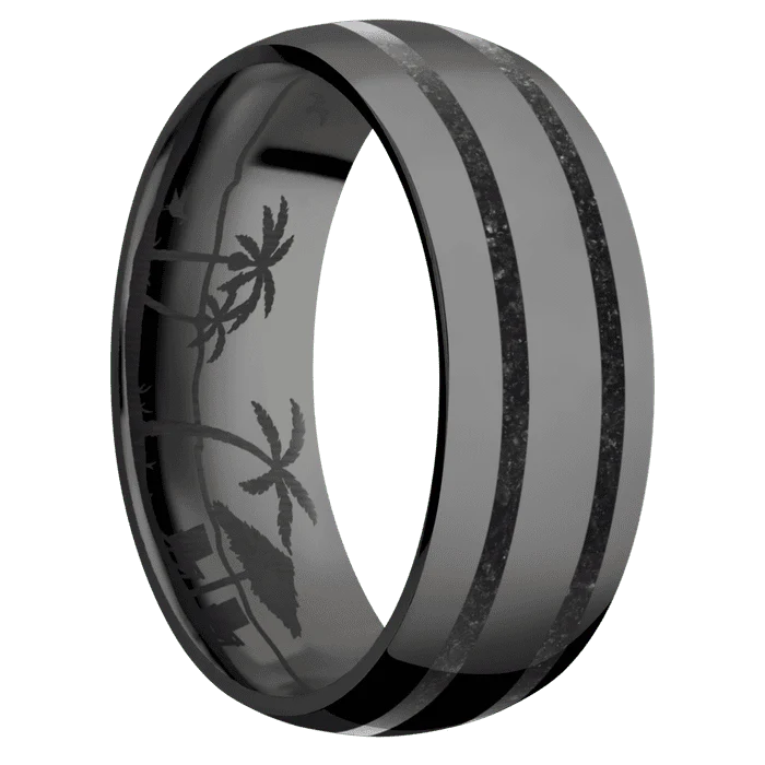 8mm wide Domed Black Titanium Ring with Polish Finish / Two 1mm Centered Black Dinosaur Bone Inlay / None Interior Pattern - Image 2