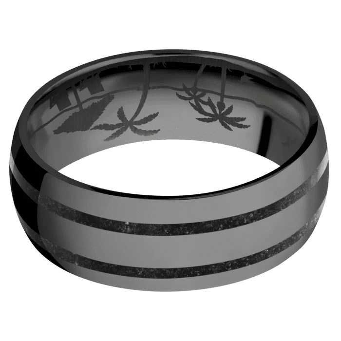 8mm wide Domed Black Titanium Ring with Polish Finish / Two 1mm Centered Black Dinosaur Bone Inlay / None Interior Pattern - Image 3