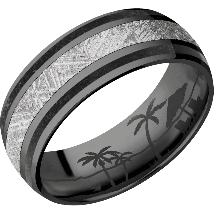 8mm wide Domed Black Titanium Ring with Polish Finish / Two 1mm Wide Black Dinosaur Bone Inlay / One 3mm Centered Meteorite Inlay / None Interior Pattern