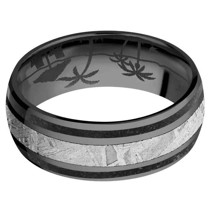 8mm wide Domed Black Titanium Ring with Polish Finish / Two 1mm Wide Black Dinosaur Bone Inlay / One 3mm Centered Meteorite Inlay / None Interior Pattern - Image 3