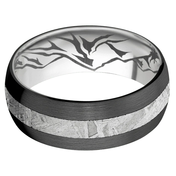 8mm wide Domed Black Titanium Ring with Satin Finish / One 3mm Centered Meteorite Inlay / Titanium Sleeve / None Interior Pattern - Image 3