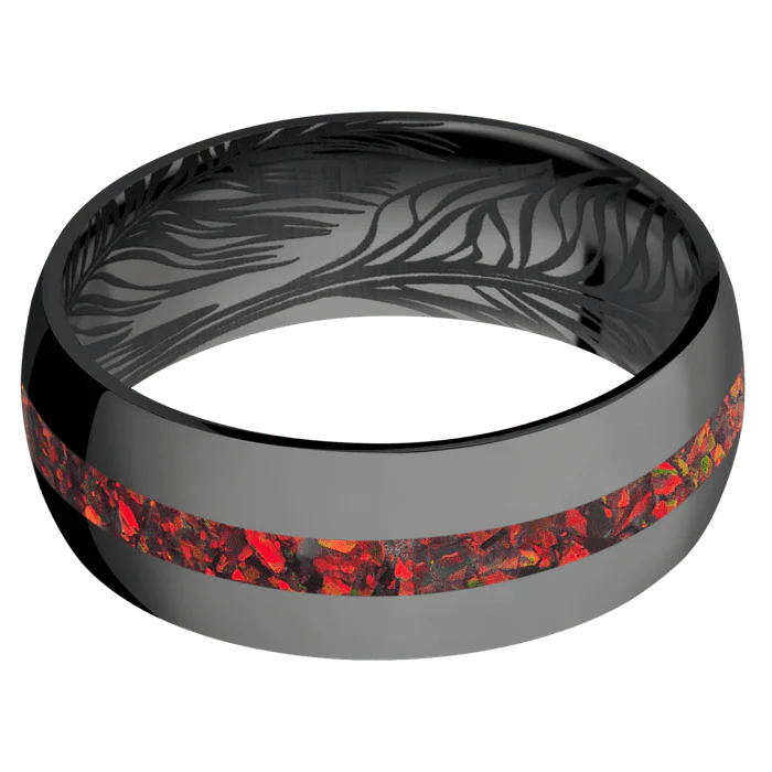 8mm wide Domed Black Zirconium Ring with Polish Finish / One 2mm Centered Ruby Red Opal Inlay / None Interior Pattern - Image 3