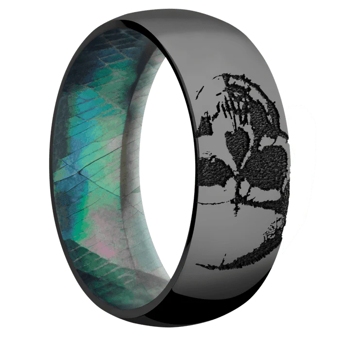 8mm wide Domed Black Zirconium Ring with Polish Finish / Skull Design / Black Mother of Pearl Sleeve - Image 2