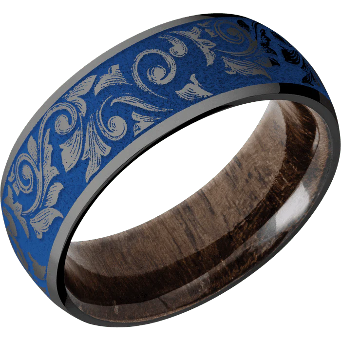 8mm wide Domed Black Zirconium Ring with Polish Finish / Western Scroll Design and Royal Blue Cerakote Accents / Walnut Sleeve