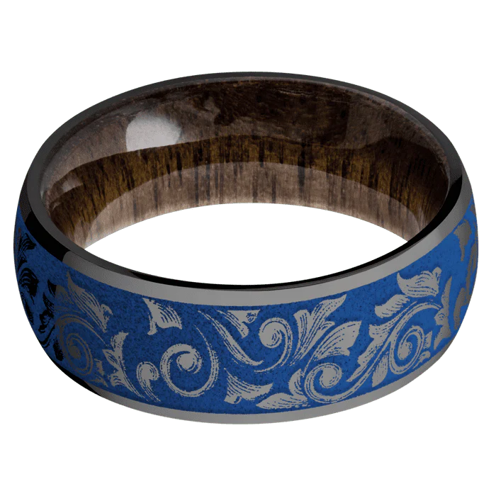 8mm wide Domed Black Zirconium Ring with Polish Finish / Western Scroll Design and Royal Blue Cerakote Accents / Walnut Sleeve - Image 3