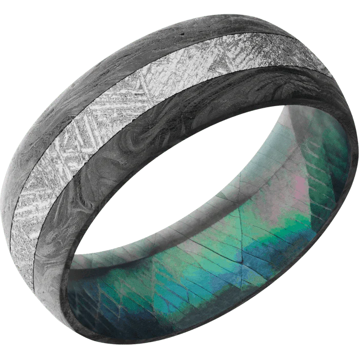 8mm wide Domed Forged Carbon Fiber Ring / One 3mm Centered Meteorite Inlay and Highland Green Cerakote Accents / Black Mother of Pearl Sleeve