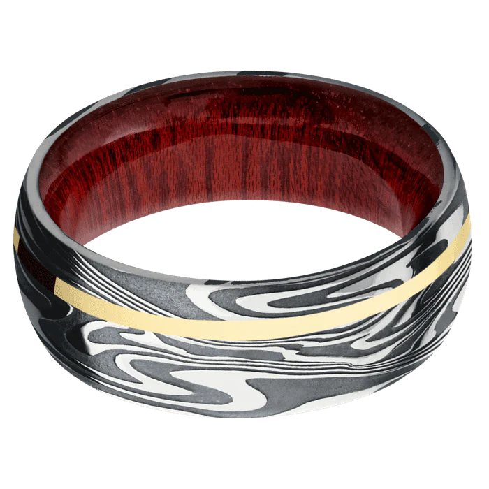8mm wide Domed Kinetic Damascus Steel Ring with Tumble Kuro Damascus Finish / One 1mm Off Center 14k Yellow Gold Inlay with Polish Finish / Blood Wood Sleeve - Image 3