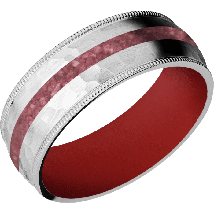 8mm wide Domed Milgrain Edges Cobalt Chrome Ring with Hammer Finish / One 2mm Centered Thulite Inlay / USMC Red Cerakote Sleeve