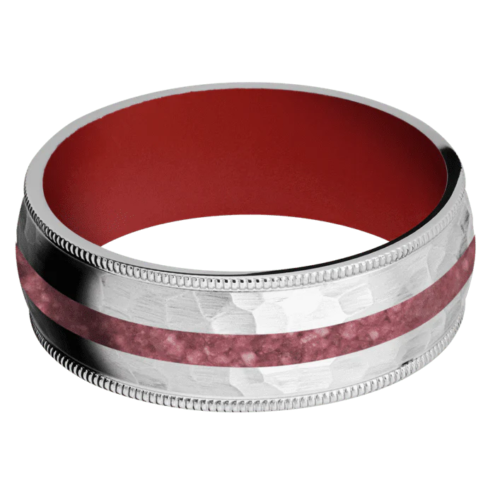 8mm wide Domed Milgrain Edges Cobalt Chrome Ring with Hammer Finish / One 2mm Centered Thulite Inlay / USMC Red Cerakote Sleeve - Image 3